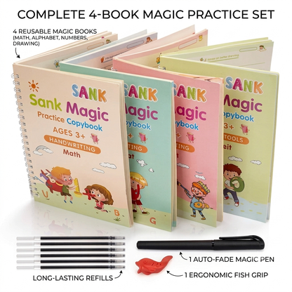 Sank Magic Handwriting Practice Copybook for Kids (4 Books with 1 Pens, 1 Grips, 10 Refills)