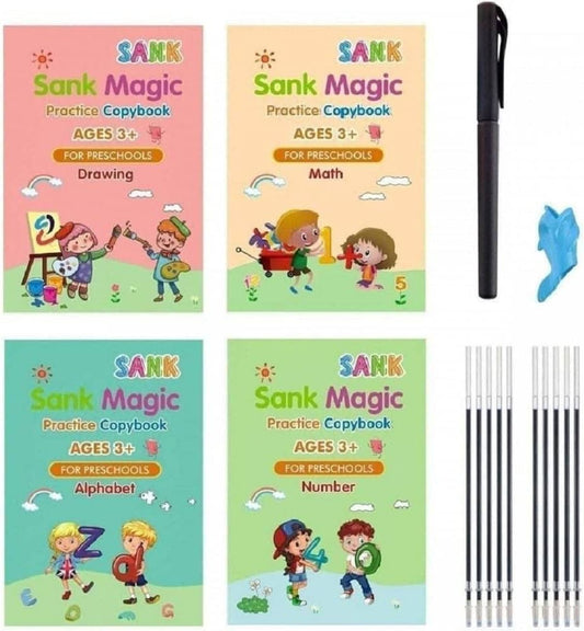 Sank Magic Handwriting Practice Copybook for Kids (4 Books with 1 Pens, 1 Grips, 10 Refills)