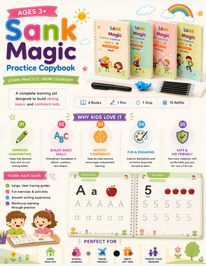 Sank Magic Handwriting Practice Copybook for Kids (4 Books with 1 Pens, 1 Grips, 10 Refills)
