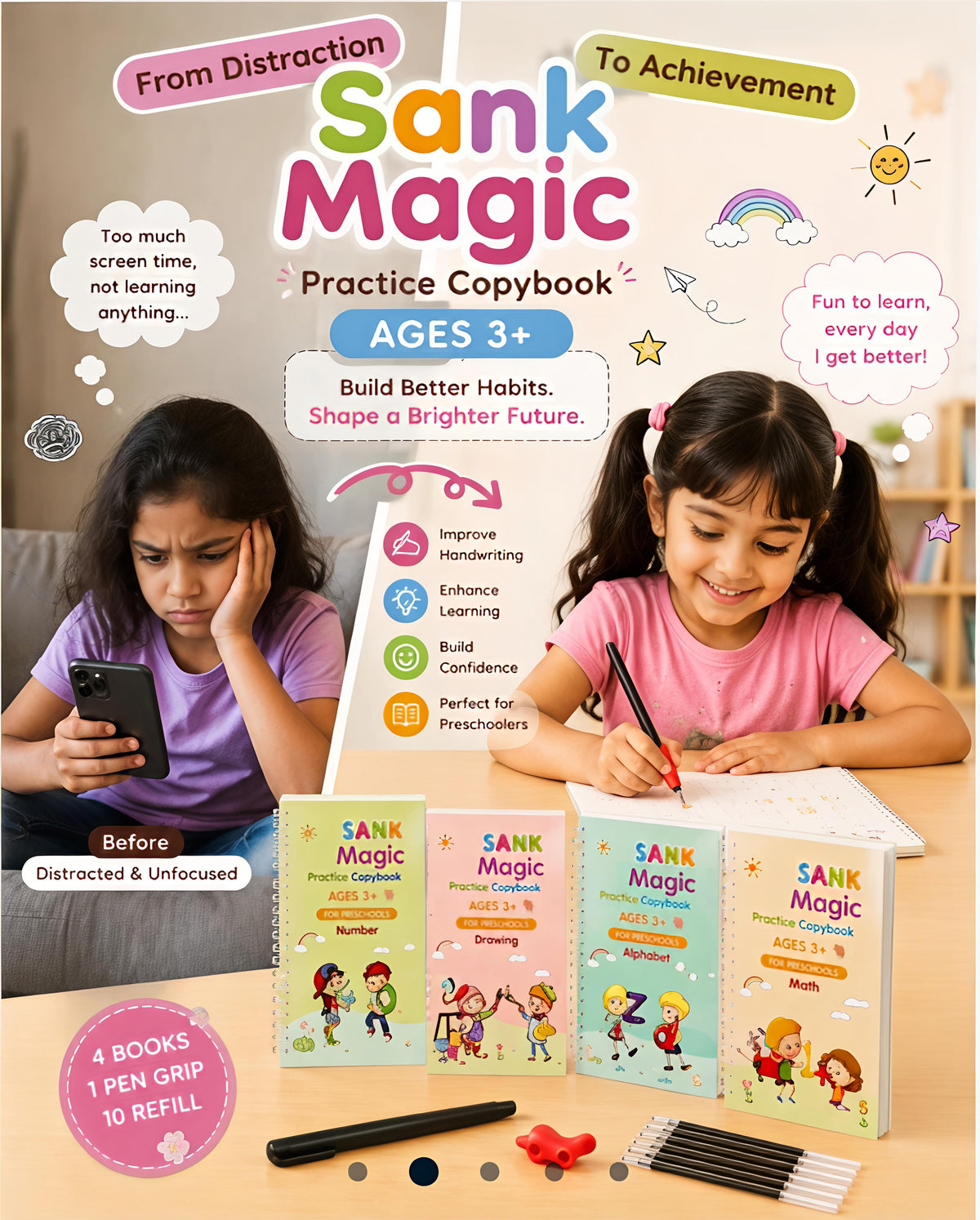 Sank Magic Handwriting Practice Copybook for Kids (4 Books with 1 Pens, 1 Grips, 10 Refills)