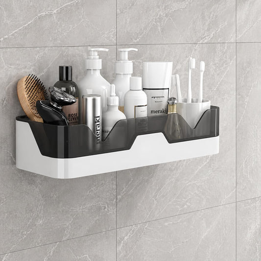 Bathroom Shelf Organizer with Drain Tray & Adhesive Stickers – No-Drill Wall Mounted Plastic Wall Shelf (Number of Shelves - 1, Black, White)